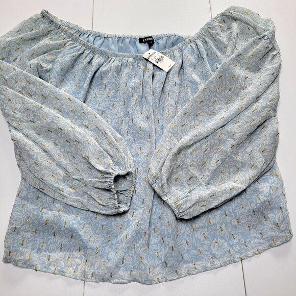 Express Off Shoulder Balloon Sleeve Boho Sheer Blouse Blue Floral Size Large NWT - Picture 4 of 9